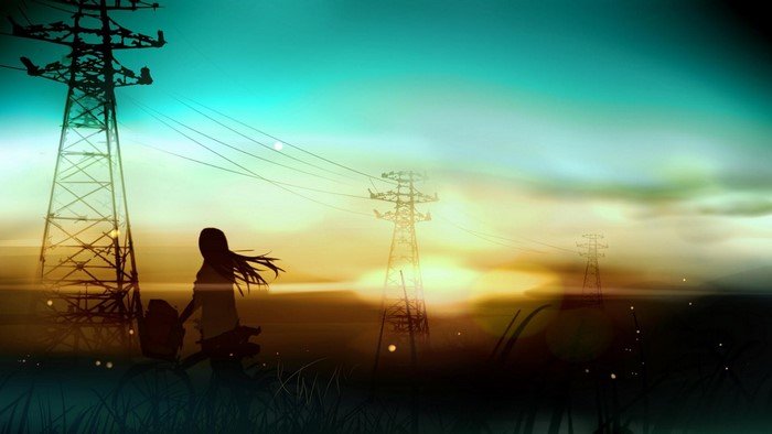 Anime girl with power lines at sunset