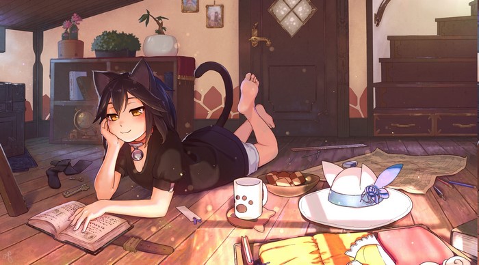 Anime girl with cat ears reading a book