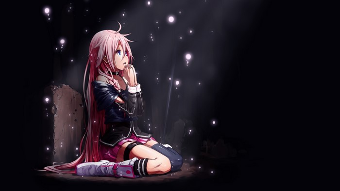 Anime girl with pink hair praying in dark setting