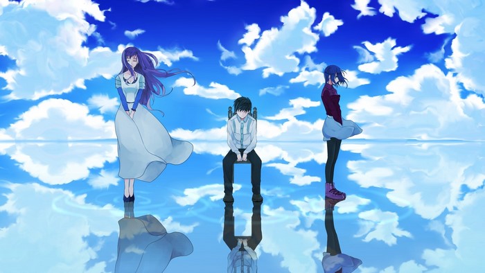Tokyo Ghoul: Kaneki, Touka, and Rize in a dreamlike sky