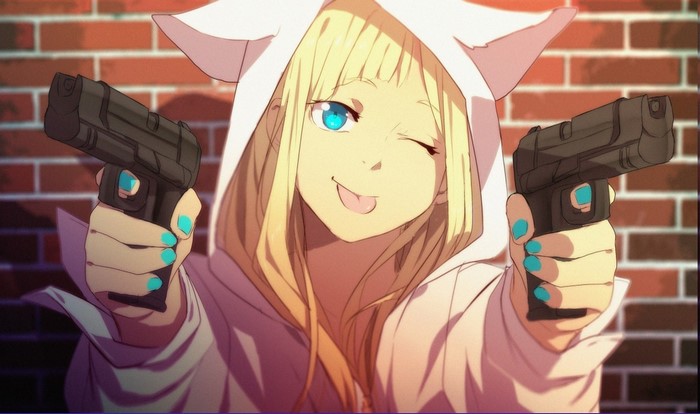 Anime girl with blonde hair holding two pistols