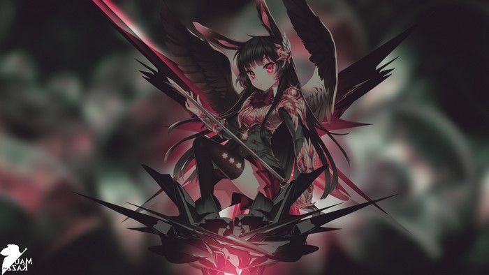 Anime girl with wings and bunny ears holding a spear