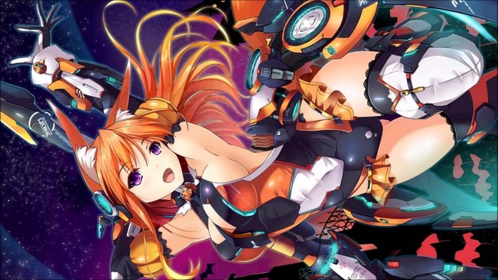 Anime girl with fox ears and mecha suit in space