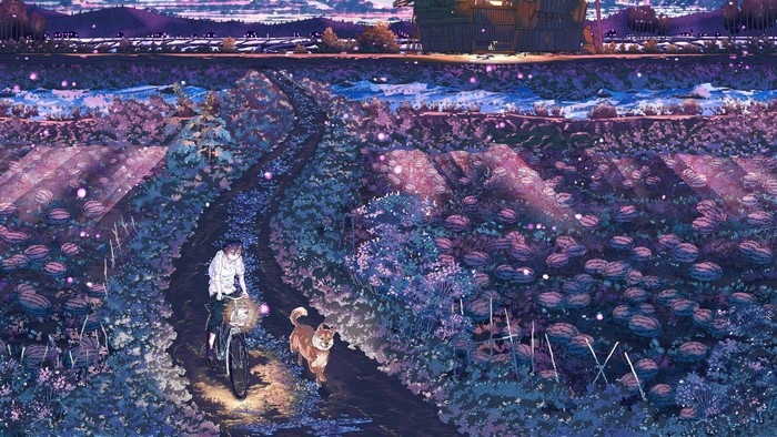 Anime summer field with a person on a bicycle and a dog