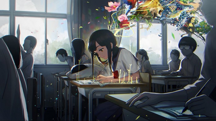 Anime schoolgirls in classroom with abstract art above