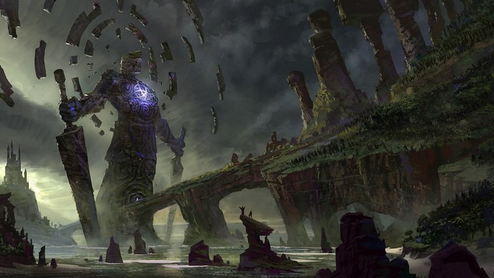 Giant Colossus with Sword in Fantasy Landscape