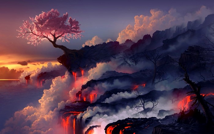 Fantasy landscape with cherry blossom tree and lava