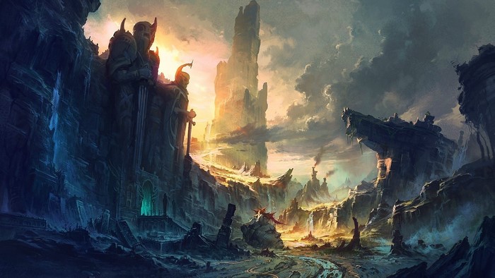 Fantasy landscape with ancient ruins and a tall rock spire