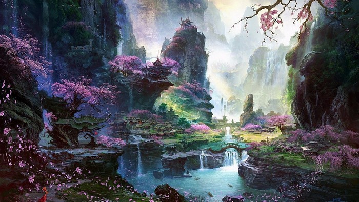 Fantasy Landscape with Cherry Blossoms and Waterfalls