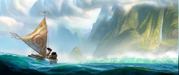 Moana sailing a boat with mountains and waterfalls