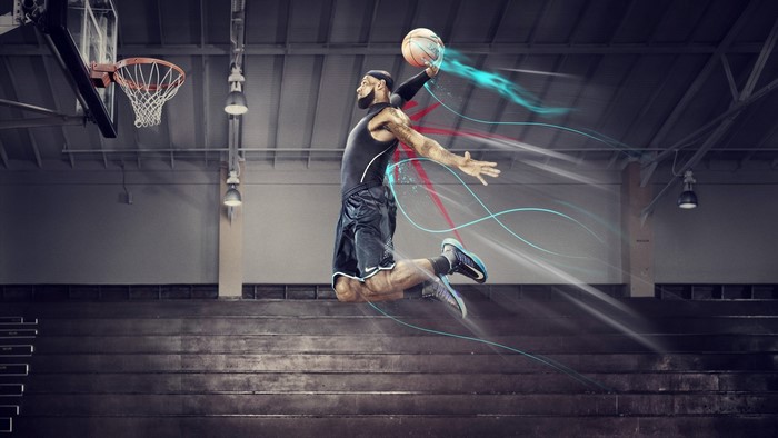 LeBron James Mid-Air Basketball Dunk