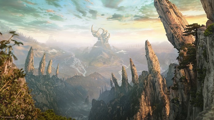 Fantasy landscape with mountains and a strange structure