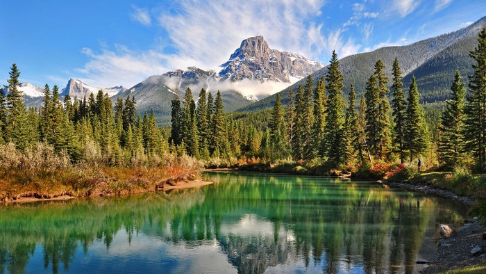Lake and Forest with Snowy Mountain in Canada