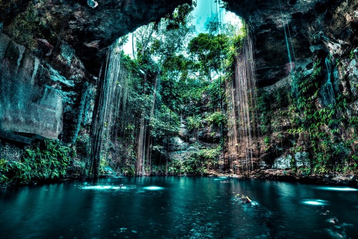 Cave cenote with hanging vines and swimmers