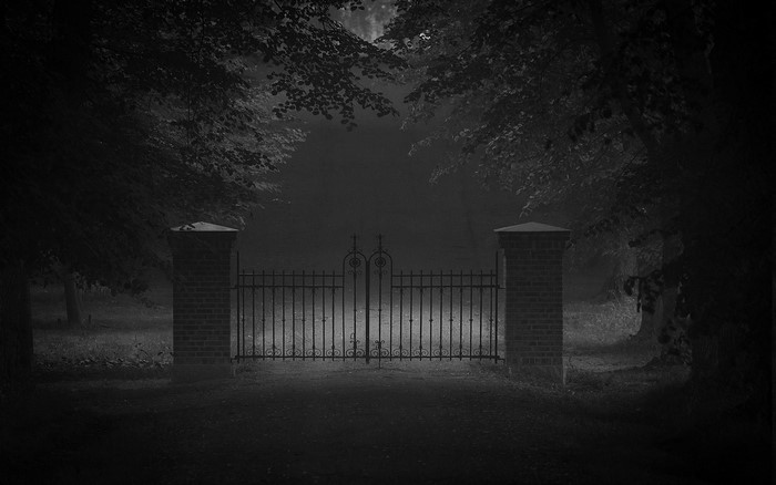 Monochrome misty forest gate with brick pillars