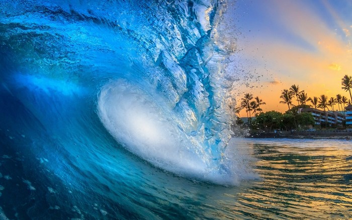 Wave crashing on beach at sunset with palm trees