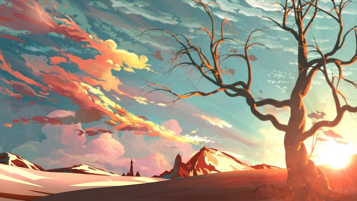 Artwork of a snowy landscape with a tree at sunset