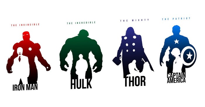 Iron Man, Hulk, Thor, and Captain America silhouettes