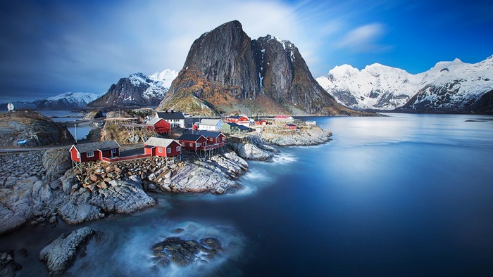 Lofoten Village by Snowy Mountain and Fjord