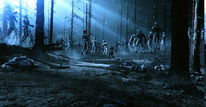 Stormtroopers levitating in a forest