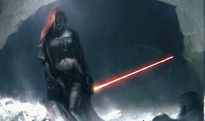 Sith with red lightsaber in cave