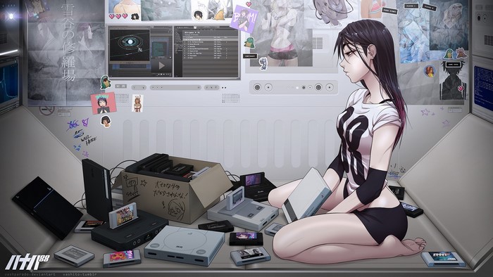 Anime girl with retro video games and consoles