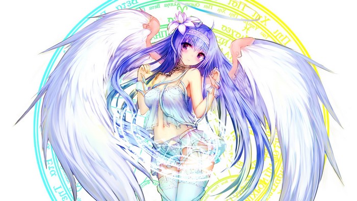 Anime girl with purple hair and wings