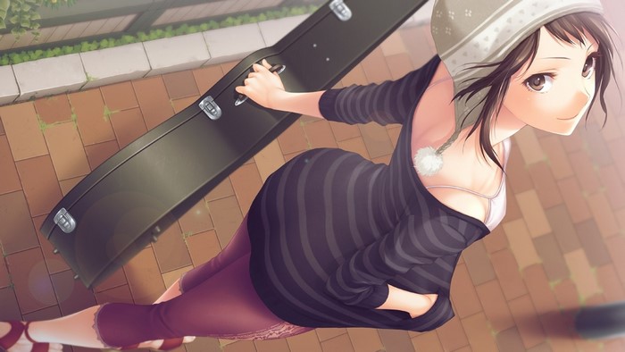 Anime girl with guitar case wearing a beanie