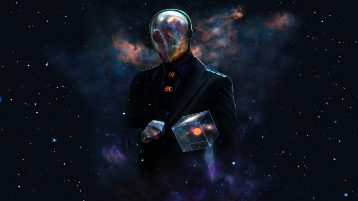 Abstract Cosmic Figure with Galaxy Face and Floating Cube