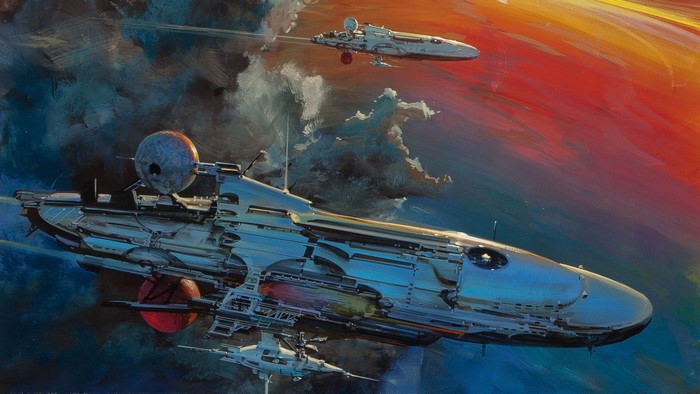 Spaceships in a colorful nebula