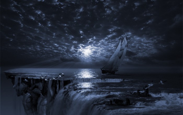 Sailboat on a surreal waterfall cliff under moonlight
