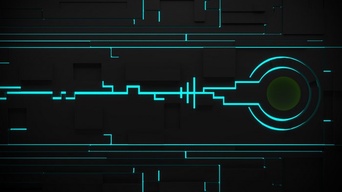 Abstract digital art with blue circuitry on black geometric background