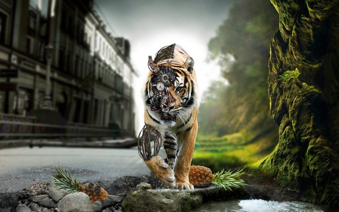 Steampunk tiger with clockwork gears in urban and forest split