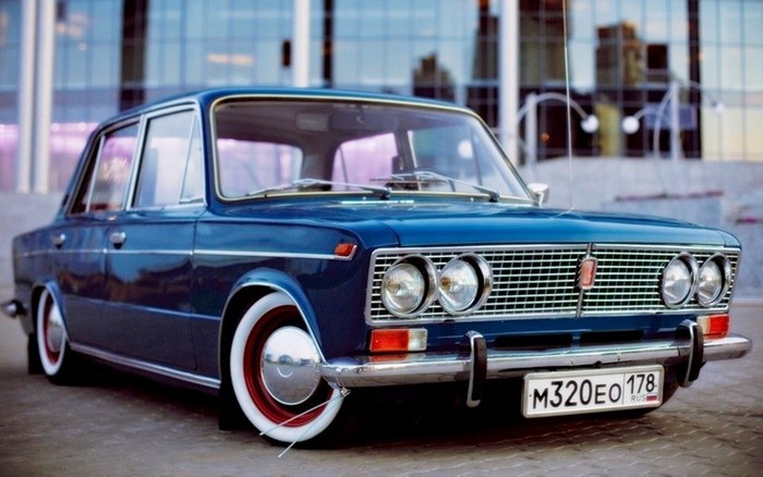 Blue Lada 2106 car with white wall tires