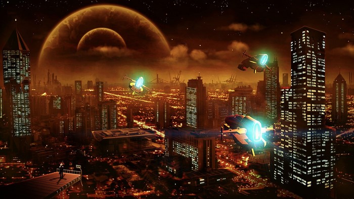 Futuristic city skyline with flying spaceships at night