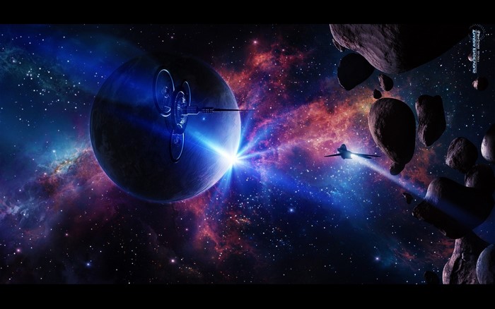 Spaceship near a planet and asteroids in a nebula