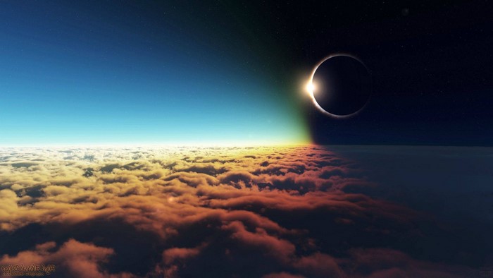 Solar eclipse over clouds in space