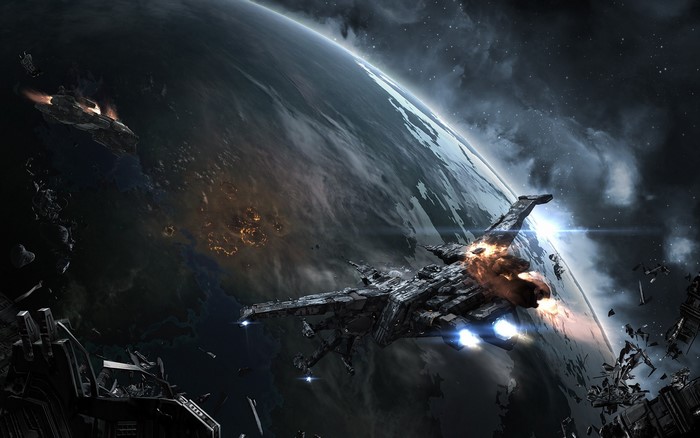 Spaceships in space battle above planet