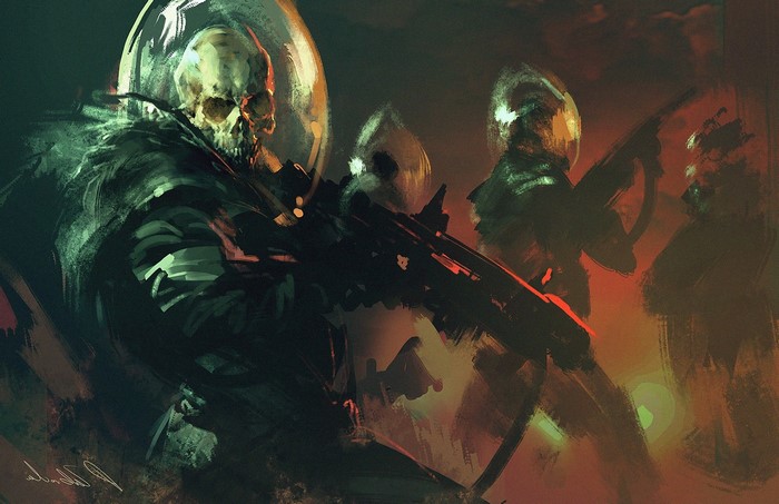 Fantasy art of skeletal soldiers in space suits
