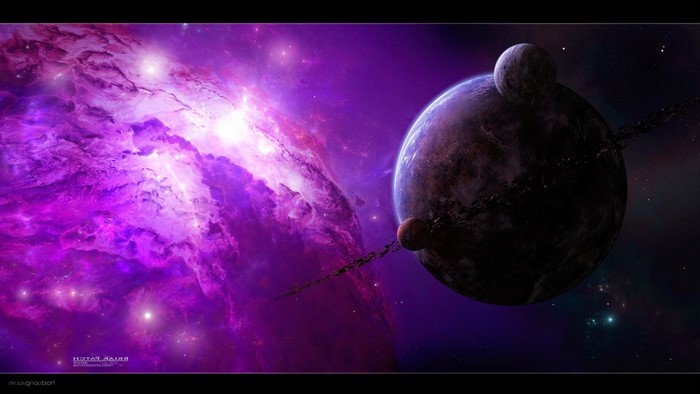 Purple Nebula and Ringed Planet in Space