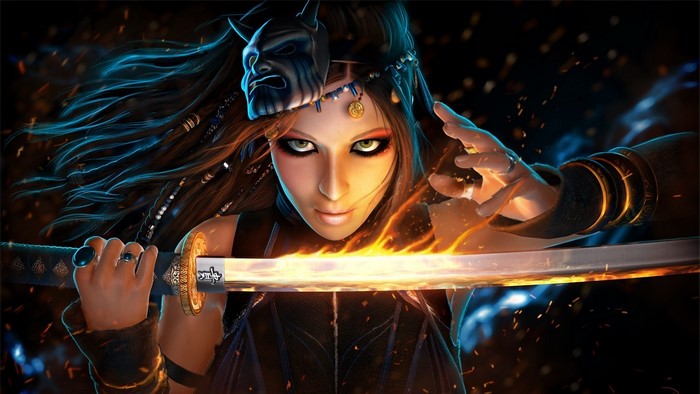 Fantasy warrior woman with katana and mask
