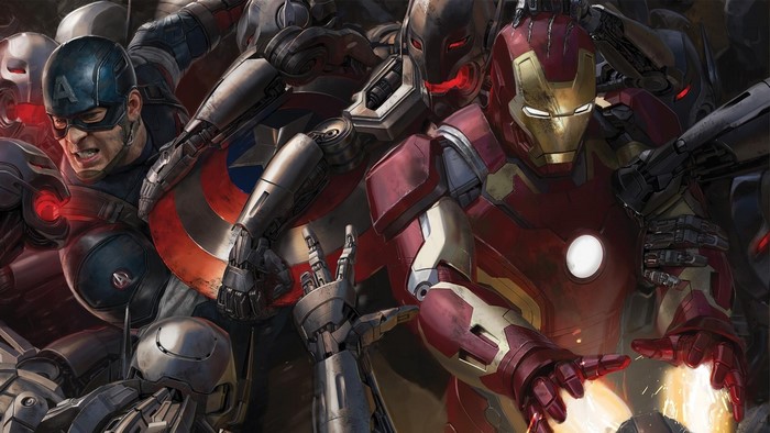 Captain America and Iron Man fighting Ultron bots from Marvel Comics
