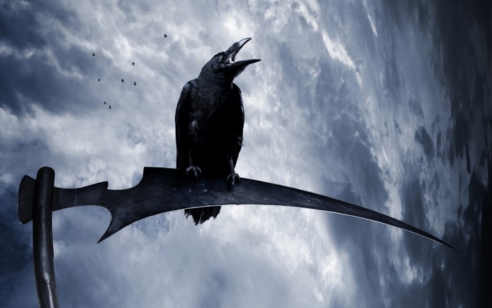 Raven perched on a scythe against a stormy sky
