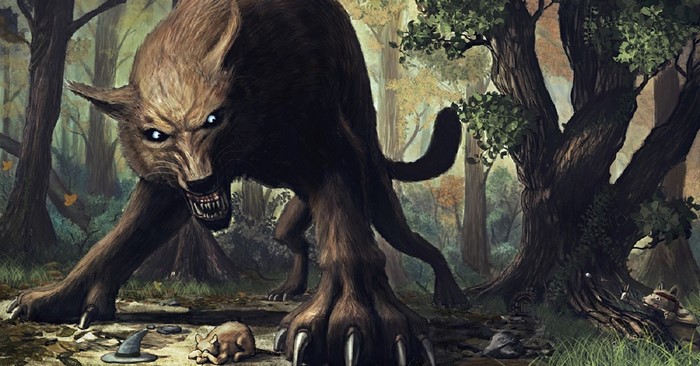 Scary wolf creature in a dark forest with small animals
