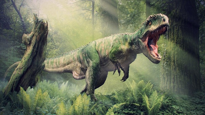 Green dinosaur roaring in a misty forest