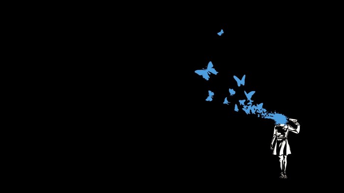 Girl with blue butterflies emerging from head