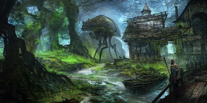 Fantasy forest with mechanical creature and village