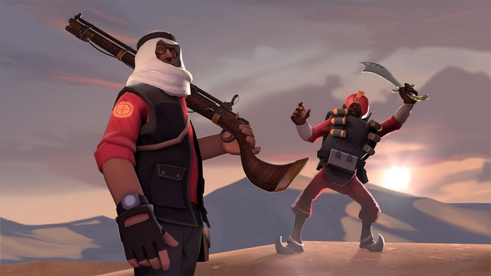 Sniper and Demoman from Team Fortress 2 in desert