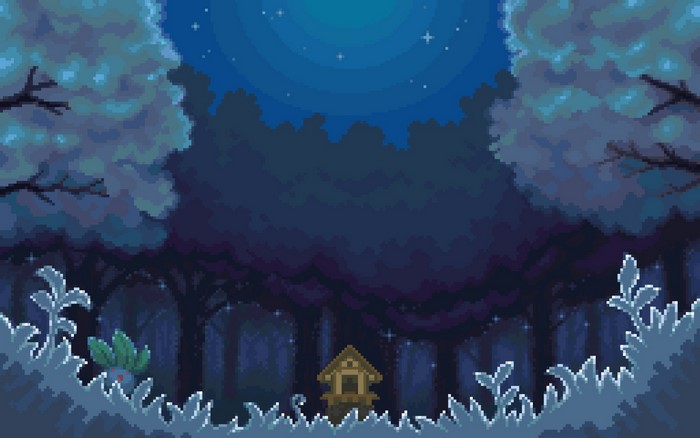 Pixel art night forest with a small house