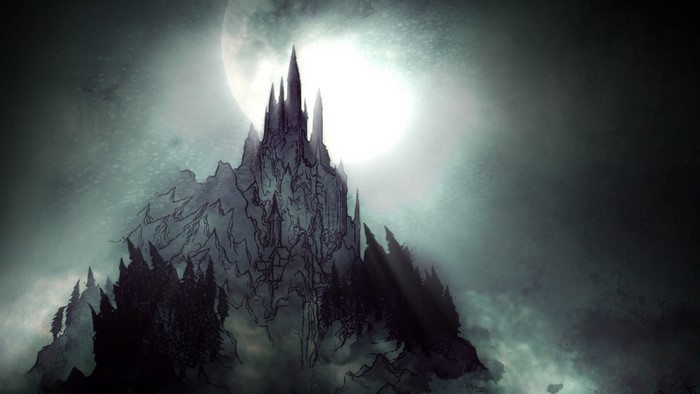 Castle on a mountain under a full moon